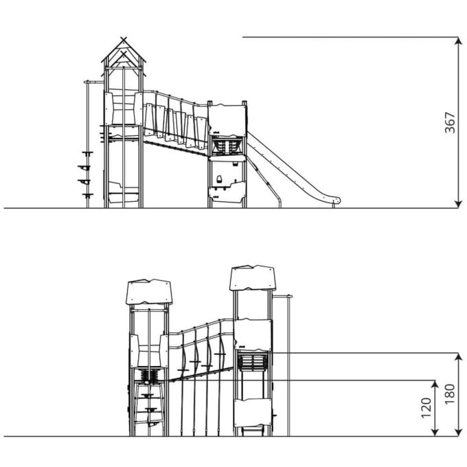 Spielturm-Anlage mit Balancierbrücken, Kletterelementen, Rutsche und 4 Plattformen – RECYCLED RC1411 - rc1411front