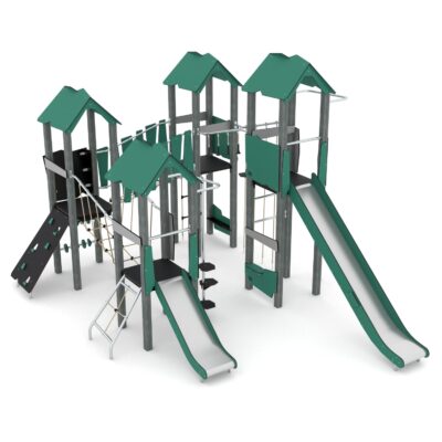 Spielturm-Anlage mit Balancierbrücken, Kletterelementen, 2 Rutschen und 4 Plattformen - RECYCLED RC1412