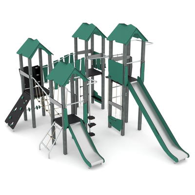 Spielturm-Anlage mit Balancierbrücken, Kletterelementen, 2 Rutschen und 4 Plattformen – RECYCLED RC1412