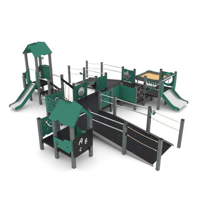 Große Rollstuhlgerechte Spielanlage mit Rutschen, Sandkasten und Plattformen – RECYCLED RC1506
