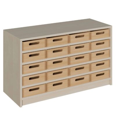 Korpus-Schrank mit 20 flachen Massivholzkästen