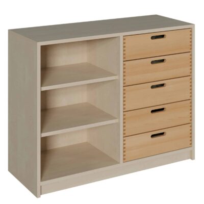 Korpus-Schrank mit 5 Massivholzschüben und Regal