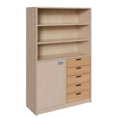 Korpus-Schrank mit 5 Massivholzschüben, unten Tür und Regal und Regal oben