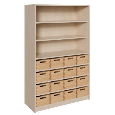Korpus-Schrank mit 16 mittleren Massivholzkästen und Regal oben