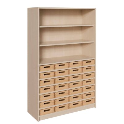 Korpus-Schrank mit 28 flachen Massivholzkästen und Regal oben