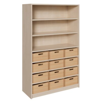 Korpus-Schrank mit 12 großen Massivholzkästen und Regal oben