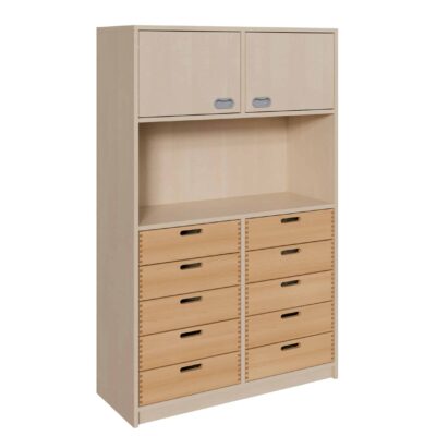 Korpus-Schrank mit 10 Massivholzschüben unten und 2 Türen oben