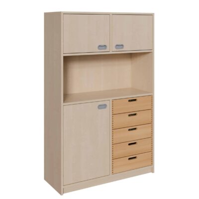 Korpus-Schrank mit 5 Massivholzschüben und Tür unten, Regal und 2 Türen oben