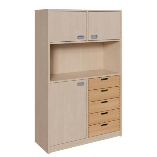 021644400 Korpus-Schrank mit 5 Massivholzschüben und Tür unten, Regal und 2 Türen oben - 021644400