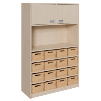 Korpus-Schrank mit 16 mittleren Massivholzkästen und 2 Türen oben