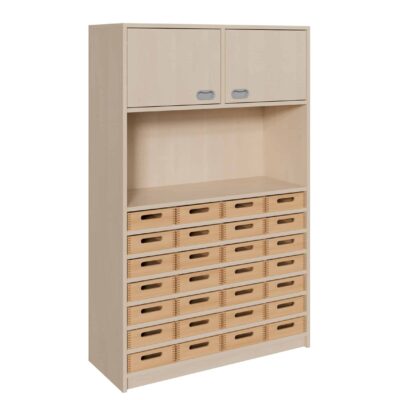 Korpus-Schrank mit 28 flachen Massivholzkästen, Regal und Tür oben