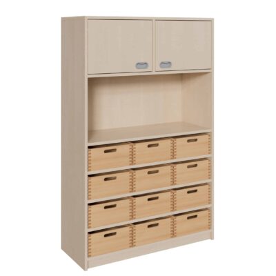 Korpus-Schrank mit 12 großen Massivholzkästen und 2 Türen oben