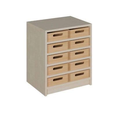 Korpus-Schrank mit 10 flachen Massivholzkästen