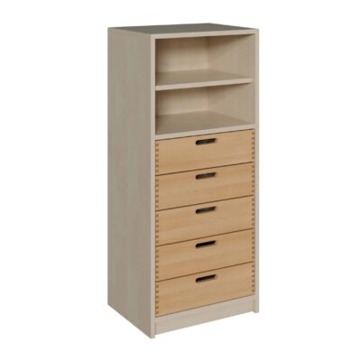 Korpus-Schrank mit 5 Massivholzschüben und Regal oben