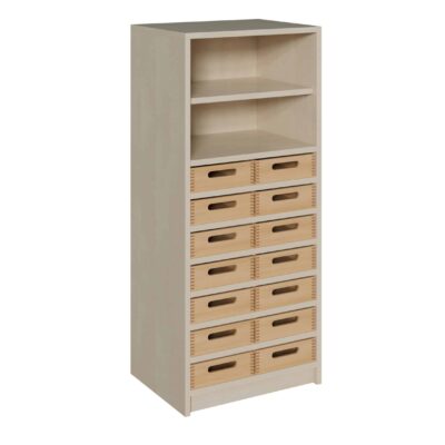 Korpus-Schrank mit 14 flachen Massivholzkästen und Regal oben