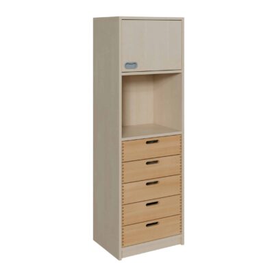 Korpus-Schrank mit 5 Massivholzschüben unten, Regal und Tür oben