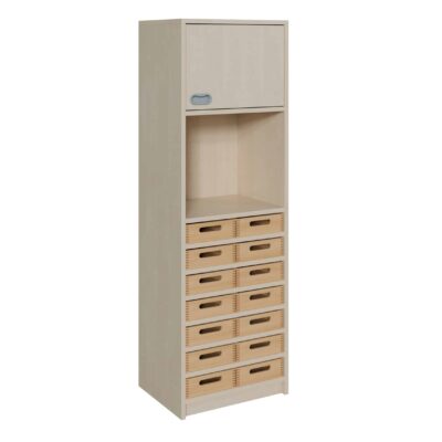 Korpus-Schrank mit 14 flachen Massivholzkästen, Regal und Tür oben