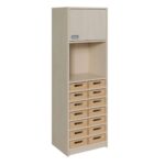 Korpus-Schrank mit 14 flachen Massivholzkästen, Regal und Tür oben - 521646300