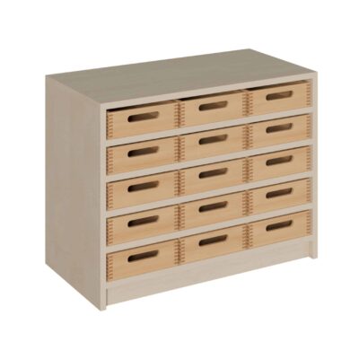 Korpus-Schrank mit 15 flachen Massivholzkästen