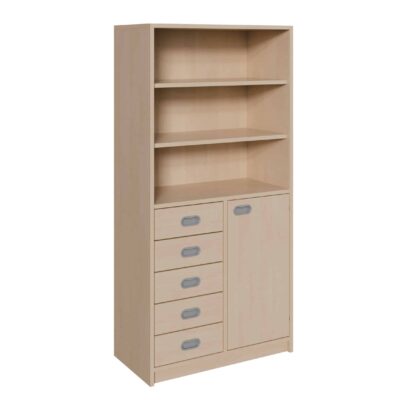 Korpus-Schrank mit 5 Dekorblendenschüben und Tür unten und Regal oben