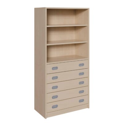 Korpus-Schrank mit 5 breiten Dekorblendenschüben und Regal