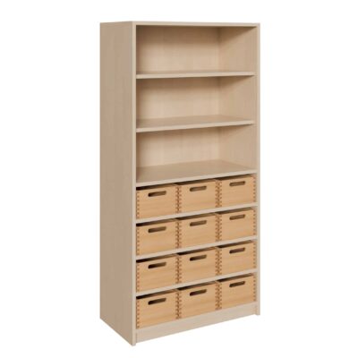 Korpus-Schrank mit 12 mittleren Massivholzkästen und Regal oben