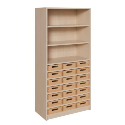 Korpus-Schrank mit 21 flachen Massivholzkästen und Regal oben