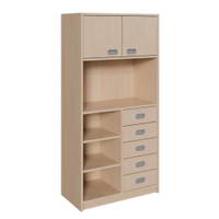 Korpus-Schrank mit 5 Dekorblendenschüben und Regal unten + 2 Türen oben