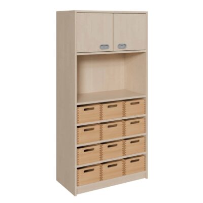 Korpus-Schrank mit 12 mittleren Massivholzkästen und 2 Türen oben