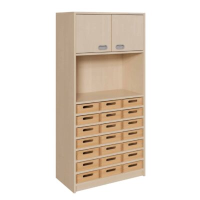 Korpus-Schrank mit 21 flachen Massivholzkästen, Regal und Tür oben