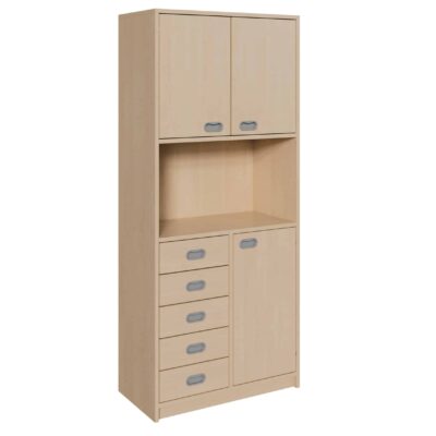 Korpus-Schrank mit 5 Dekorblendenschüben und Tür unten + 2 Türen oben