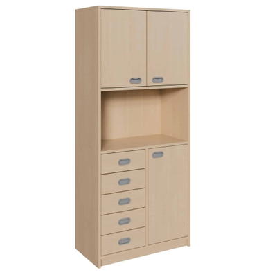 Korpus-Schrank mit 5 Dekorblendenschüben und Tür unten + 2 Türen oben