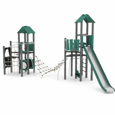 Spielturmanlage mit 2 Türmen, Rutsche, Kletternetz und Stangen - RECYCLED RC1454