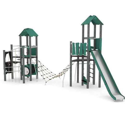 7bef-rc14541s Spielturmanlage mit 2 Türmen, Rutsche, Kletternetz und Stangen – RECYCLED RC1454 - 7bef rc14541s