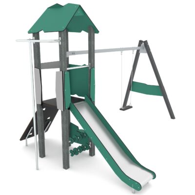 Spielturm mit Schaukel, Kletterwand und Rutsche - RECYCLED RC1438