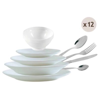 MAXI-SET Geschirr weißes Hartglas+Besteck