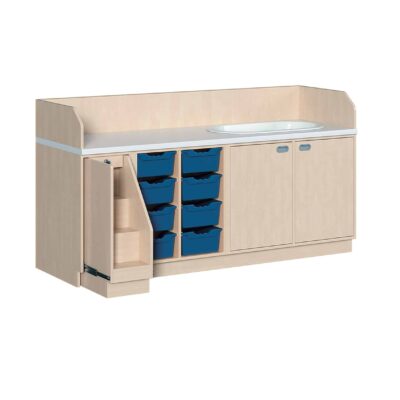 Wickelkommode dreireihig mit Badewanne - 8 ErgoTray-Boxen und Aufstiegshilfe
