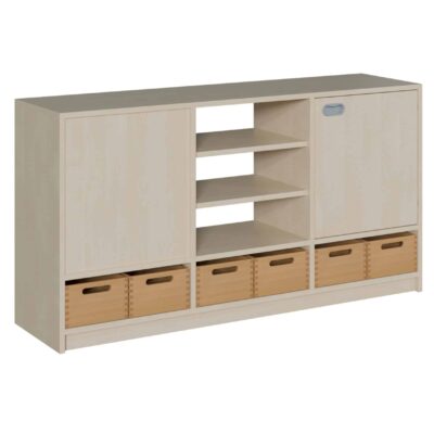 Korpus-Raumteilerschrank mit Tür wechselseitig, 2 Mittelwände, mittig ohne Rückwand, 6 Holzkästen