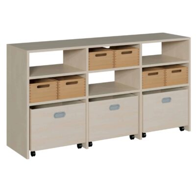 Raumteilerregal - mit 6 Massivholzkästen und 3 hohen Rollkästen