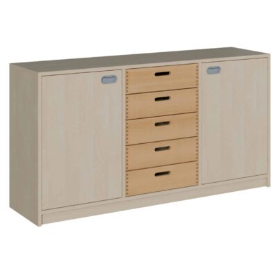 Korpus-Raumteilerschrank mit rechts + links 1 Tür, je 2 Einlegeböden, mittig 5 Holzschübe