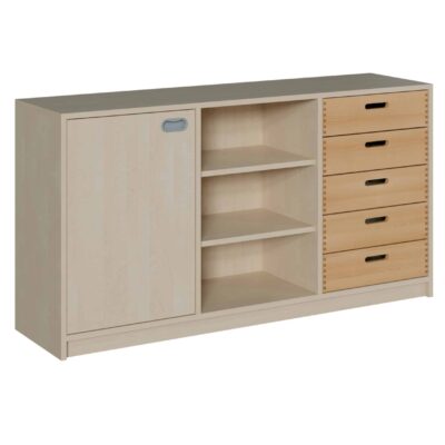 Korpus-Raumteilerschrank mit Tür, mittig Regal, je 2 Einlegeböden, 5 Holzschübe