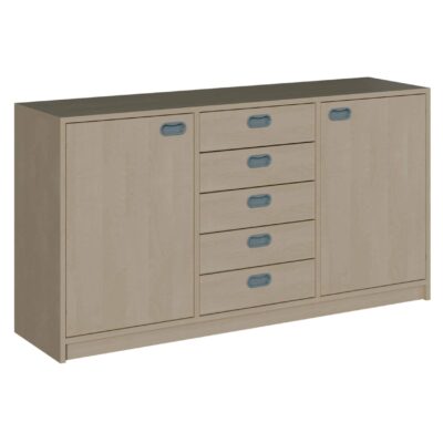 Korpus-Raumteilerschrank mit rechts + links 1 Tür, je 2 Einlegeböden, mittig 5 Schübe