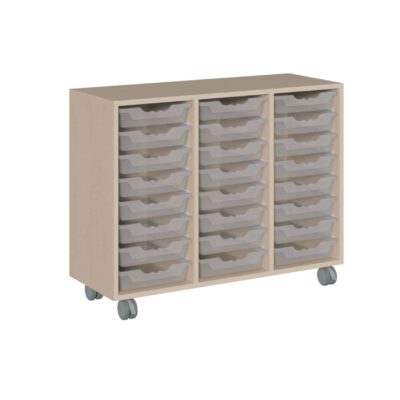 Fahrbares Korpus-Raumteilerregal, 24 flache ErgoTray Boxen