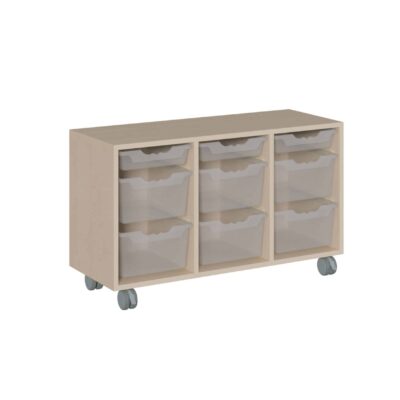 Fahrbares Korpus-Raumteilerregal, 3 flache + 6 hohe ErgoTray Boxen