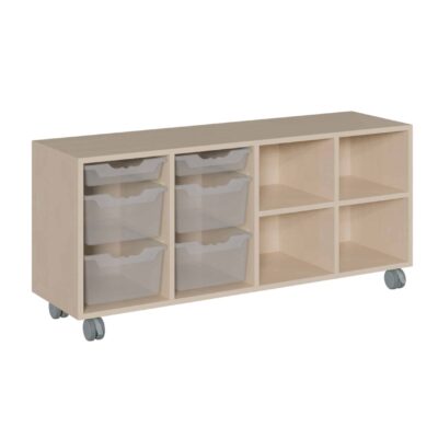 Fahrbares Korpus-Raumteilerregal, 2 flache+4 hohe ErgoTray Boxen, 4 Fächer
