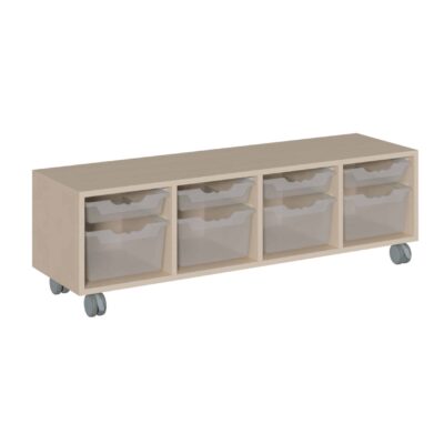 Fahrbares Korpus-Raumteilerregal, 4 flache + 4 hohe ErgoTray Boxen