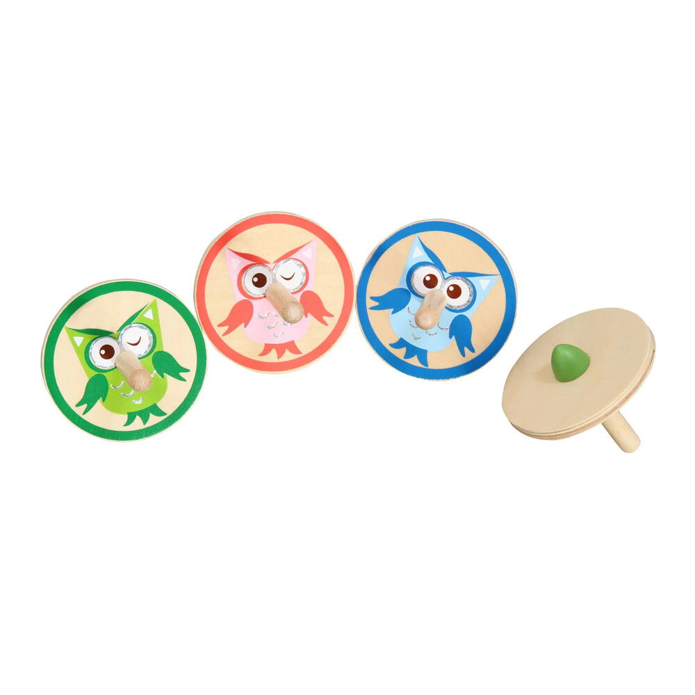 Holzkreisel mit Eulenmotiv