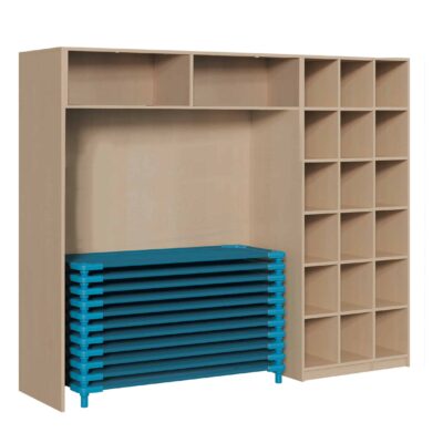 Regal für Stapelliegen und 20 Bettzeugfächer