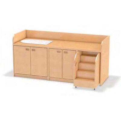 Wickelkommode mit ausziehbarer Treppe, Badewannenschrank, Säuglingsbadewanne und Doppeltüren