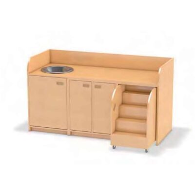 Wickelkommode mit ausziehbarer Treppe, Waschbeckenschrank mit Tür, Waschbecken aus Edelstahl und Doppeltür